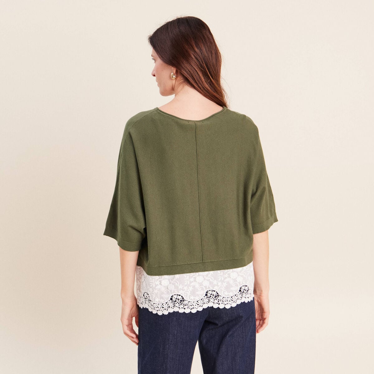 Pull bi-mati&egrave;re col bateau vert kaki femme