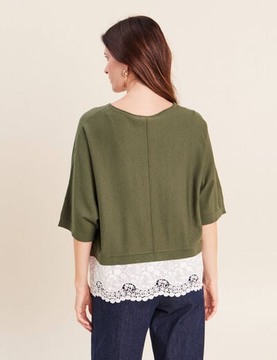 Pull bi-mati&egrave;re col bateau vert kaki femme