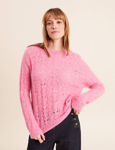 Pull ajour&eacute; col rond manches longues rose fushia femme