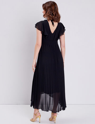 Robe longue évasée à volants noir femme