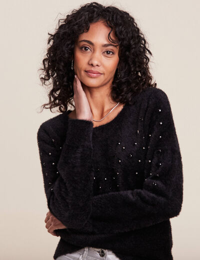Pull manches longues strass noir femme