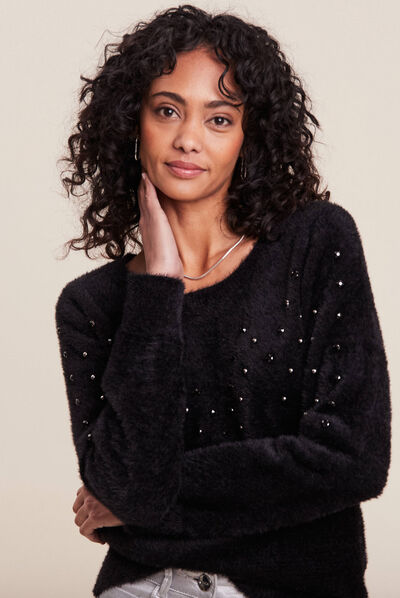 Pull manches longues strass noir femme
