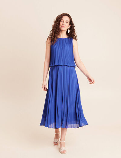 Robe longue &eacute;vas&eacute;e pliss&eacute;e sans manches bleu fonc&eacute; femme
