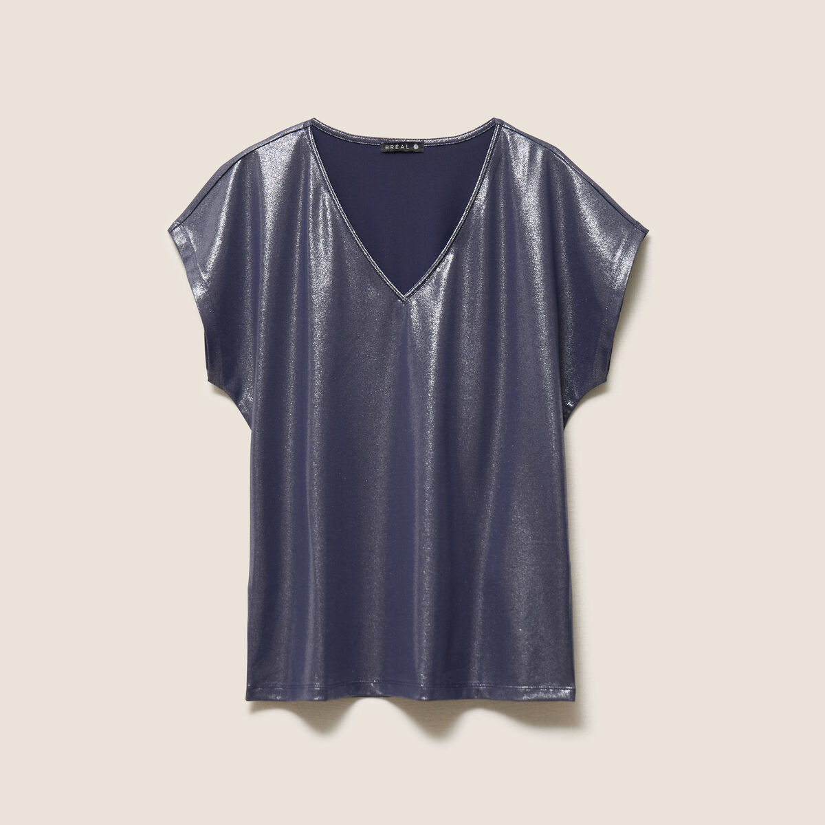T-shirt col V manches courtes bleu marine femme
