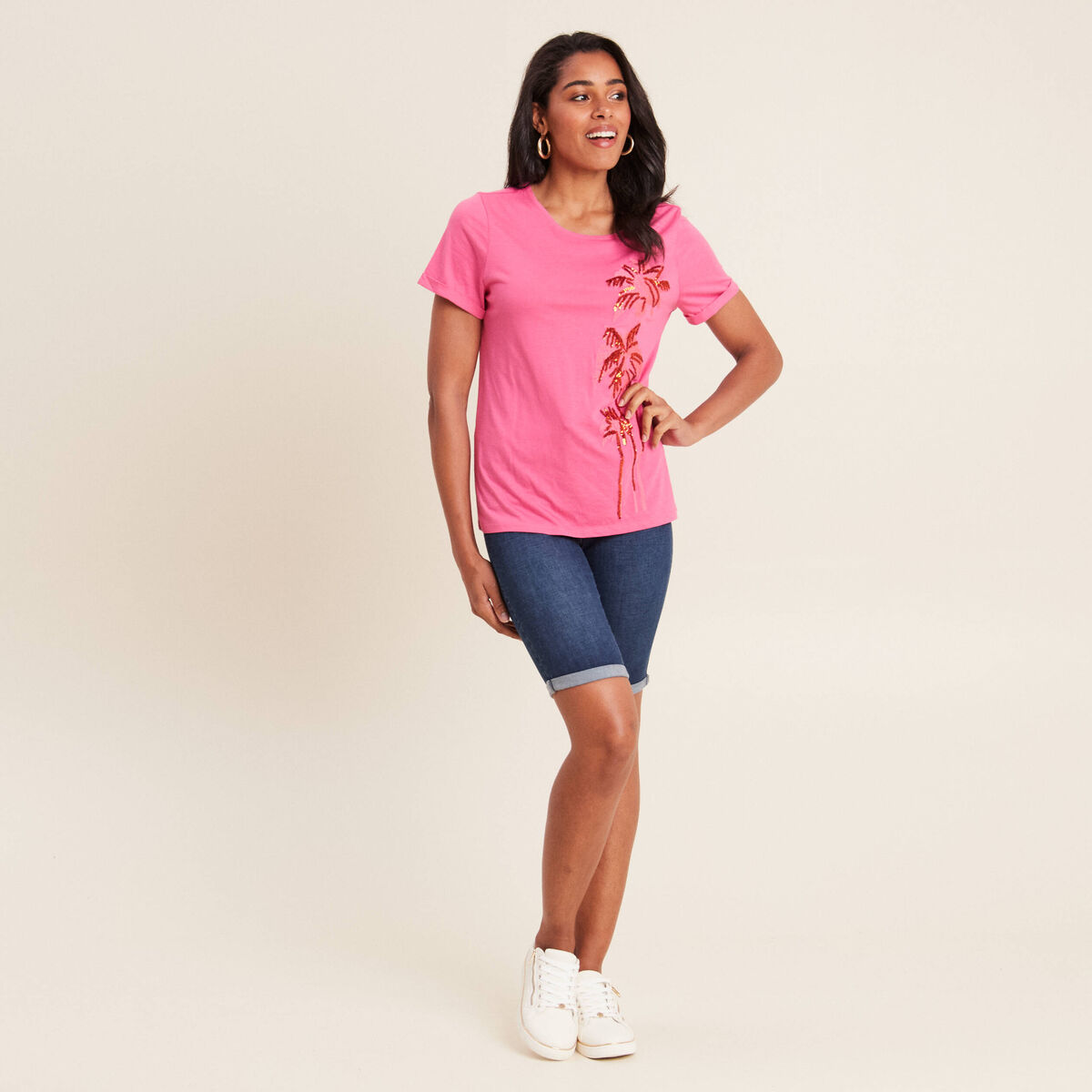 T-shirt manches courtes rose fushia femme