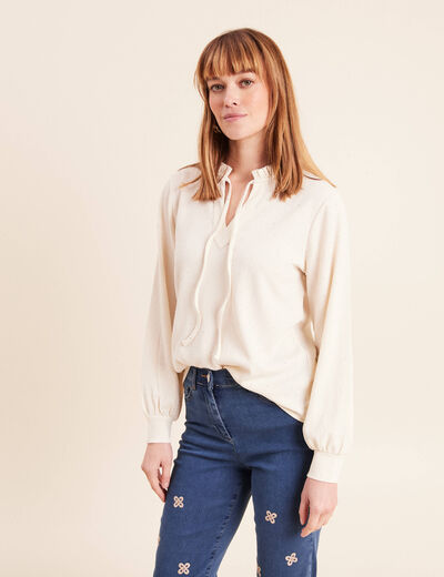 T-shirt col v manches longues ecru femme