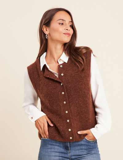 Gilet droit mi-long sans manches marron fonc&eacute; femme