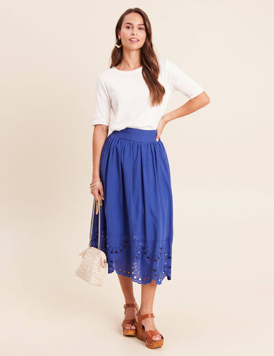 Jupe taille haute doubl&eacute;e avec broderie bleu fonc&eacute; femme