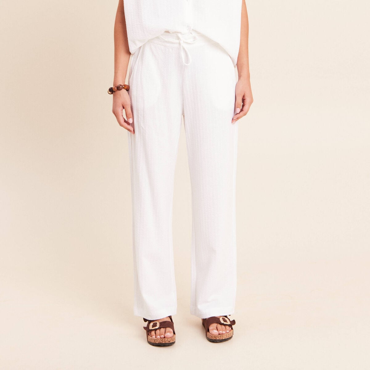 Pantalon large taille haute blanc femme