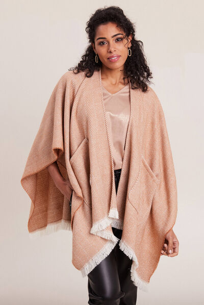 Poncho avec franges taupe femme