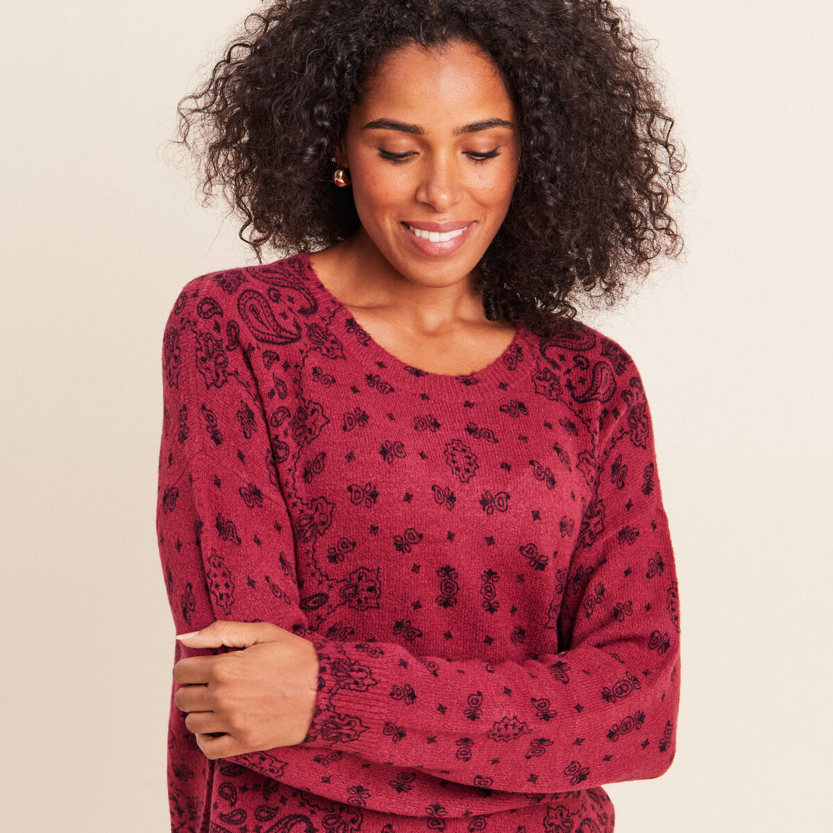Pull col rond bordeaux femme