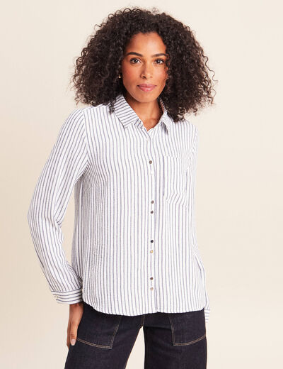 Chemise droite fluide manches longues bleu femme
