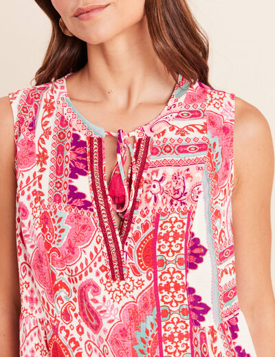 Robe courte &eacute;vas&eacute;e col tunisien rose femme