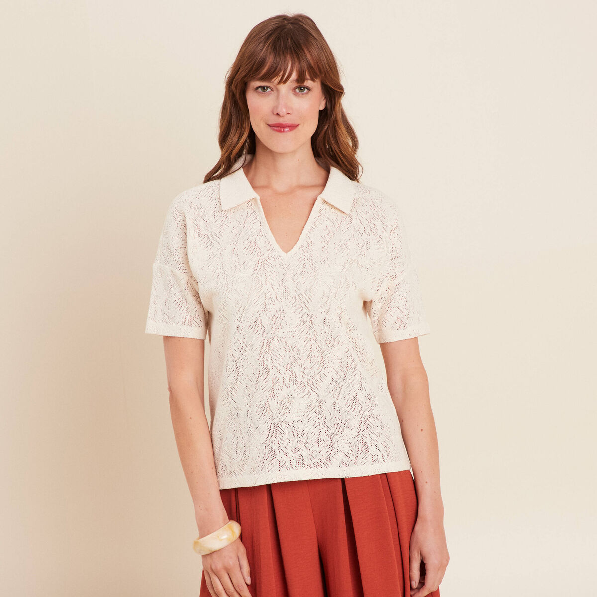 T-shirt col chemise ecru femme