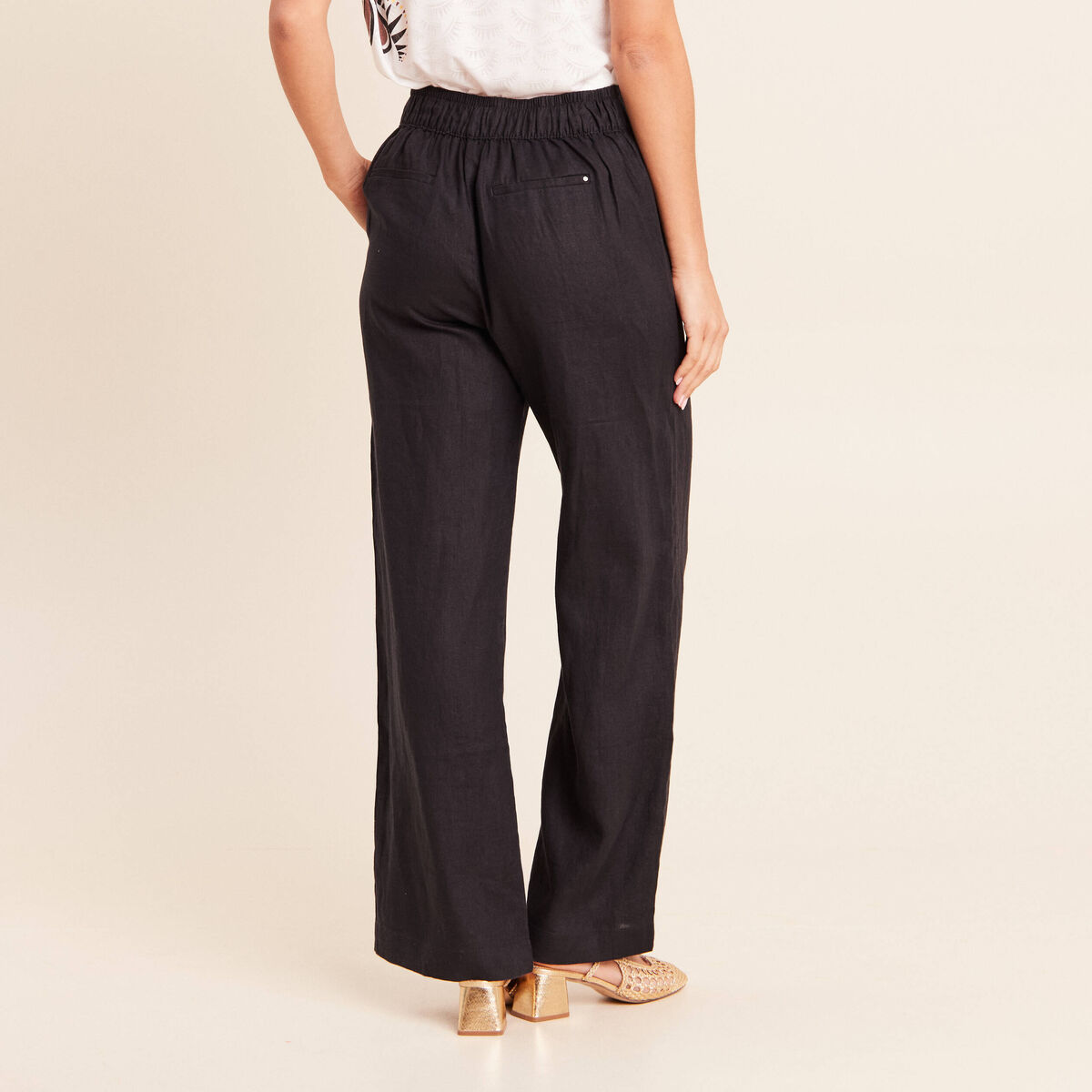 Pantalon large taille haute aspect lin noir femme
