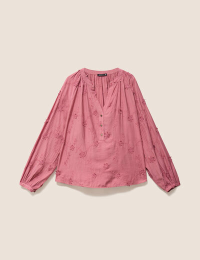 Blouse ample manches longues brod&eacute;e mauve femme