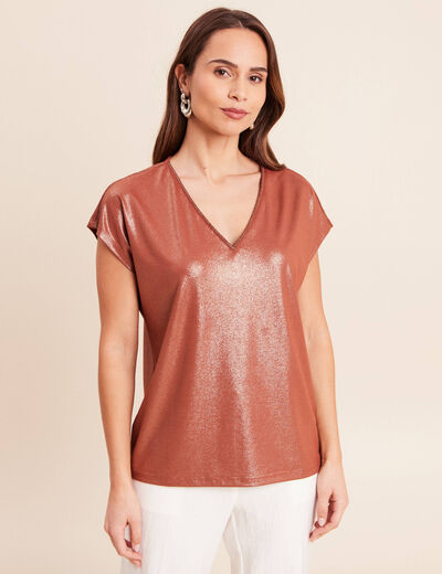 T-shirt col V manches courtes marron fonc&eacute; femme