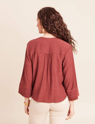 Blouse col v manches 3/4 fluide marron cognac femme