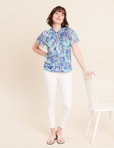 T-shirt col tunisien manches courtes bleu femme