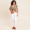 T-shirt col v manches courtes aspect lin vert kaki femme