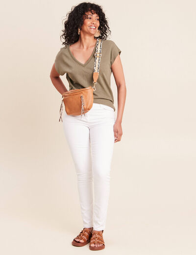 T-shirt col v manches courtes aspect lin vert kaki femme