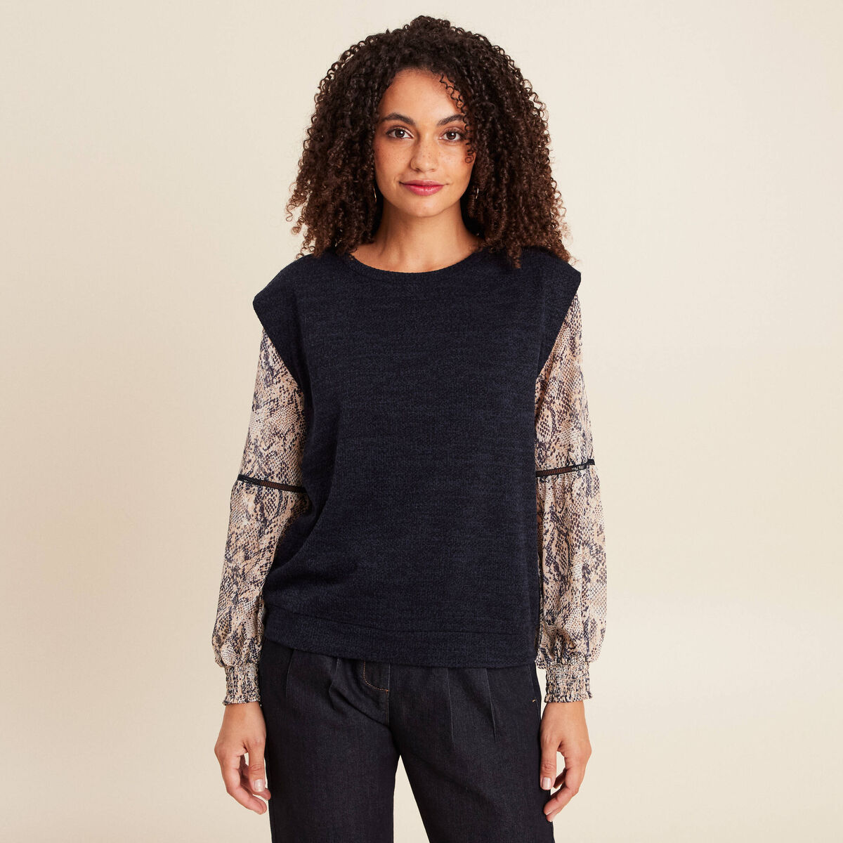 T-shirt col rond manches longues bleu marine femme