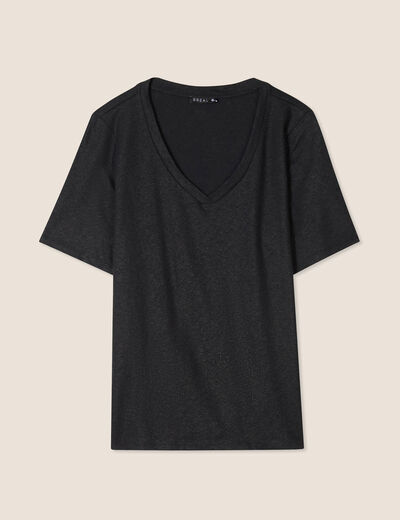 T-shirt col V manches courtes noir femme