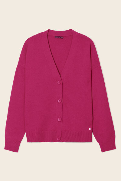 Gilet manches longues col en V rose fushia femme