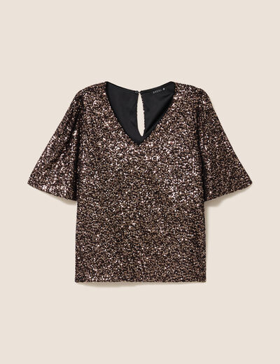 T-shirt &agrave; sequins manches coudes marron fonc&eacute; femme