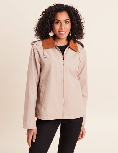 Parka droite courte &agrave; capuche doubl&eacute;e ivoire femme
