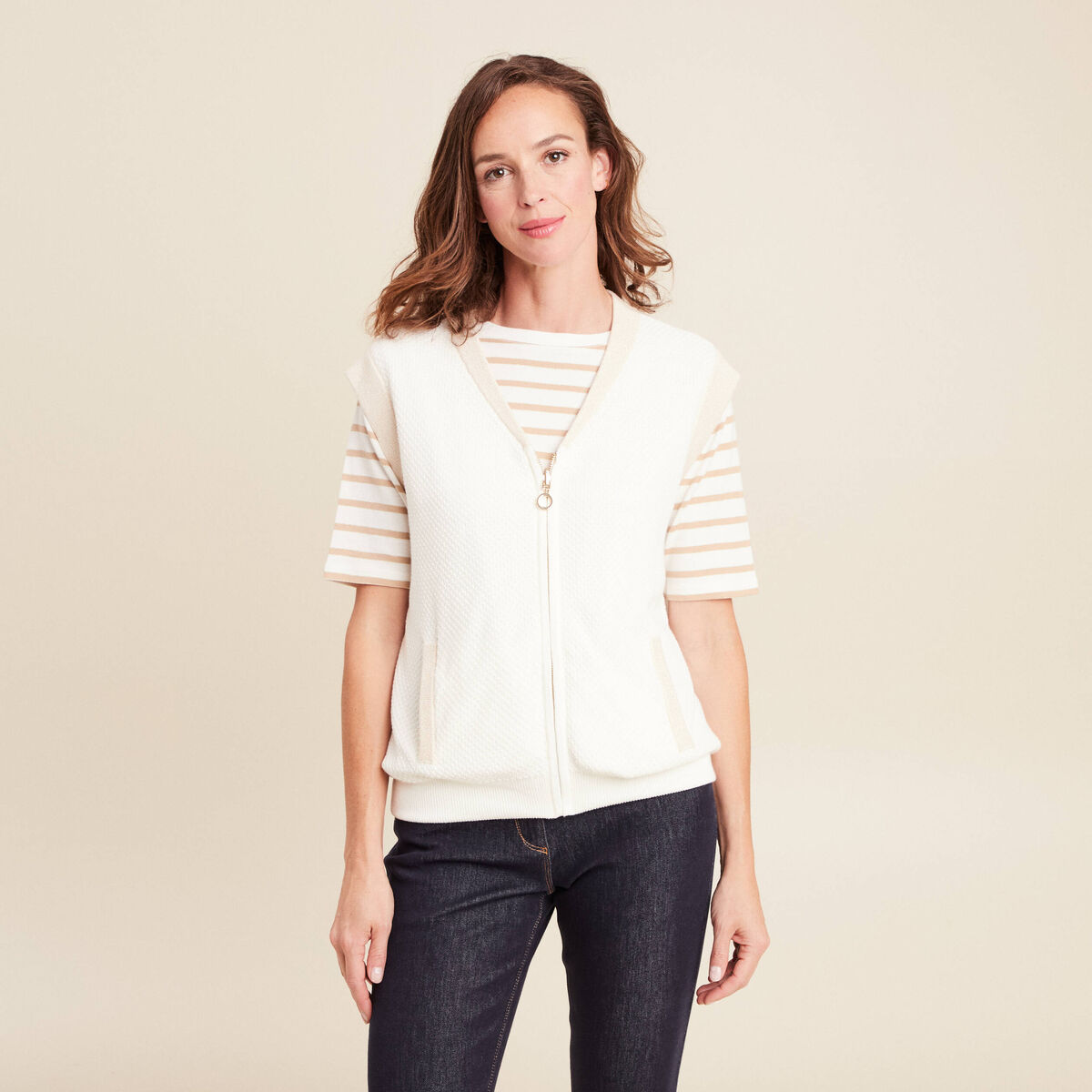 gilet réversible sans manches en coton ecru femme