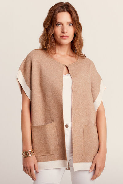 Gilet poncho manches courtes sable femme
