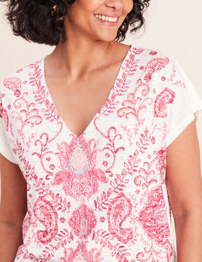 T-shirt macram&eacute; manches courtes ecru femme