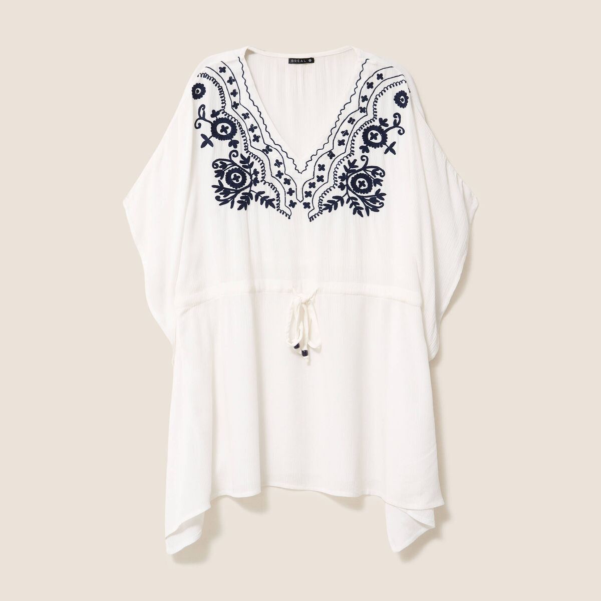 Kimono sans manches col v brodé ecru femme