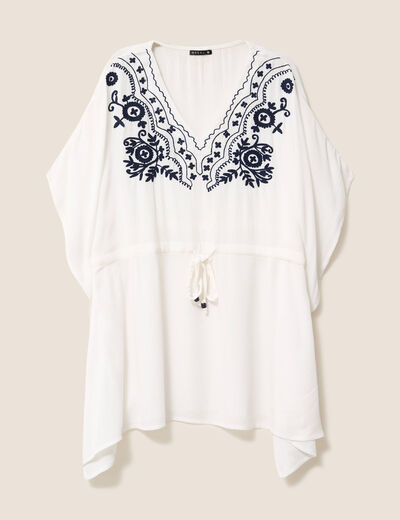 Kimono sans manches col v brodé ecru femme