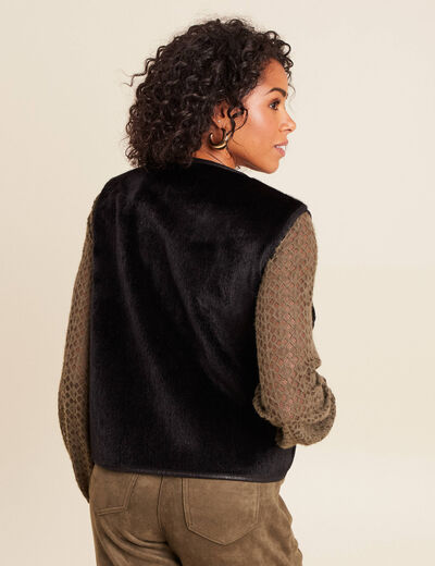 Veste sans manches sans col marron fonc&eacute; noir femme