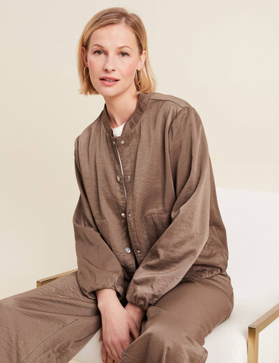 Blouson boutonné satin taupe femme