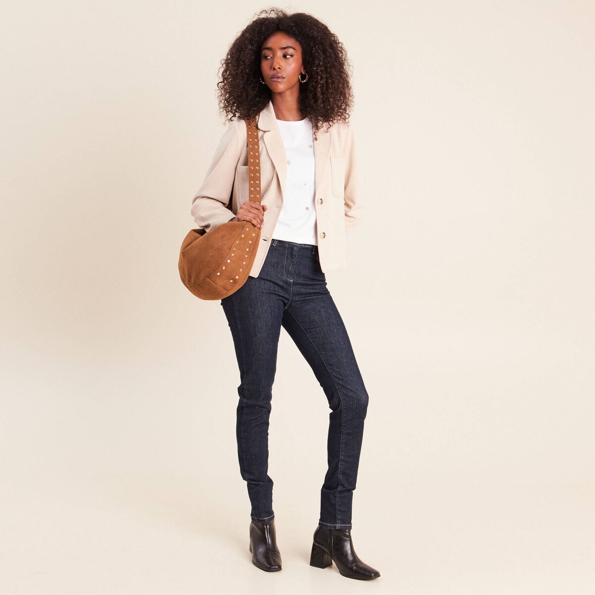 Veste droite col tailleur doubl&eacute;e sable femme