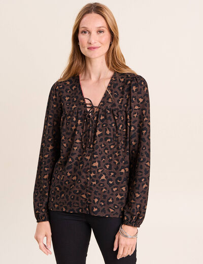 Blouse col v manches longues marron femme