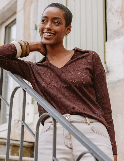 Polo manches 3/4 aspect dentelle marron fonc&eacute; femme