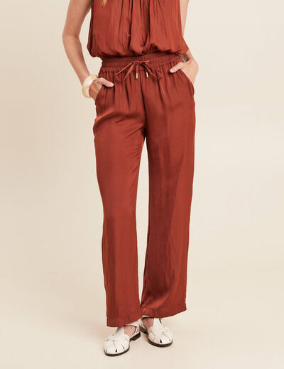Pantalon large taille haute marron foncé femme