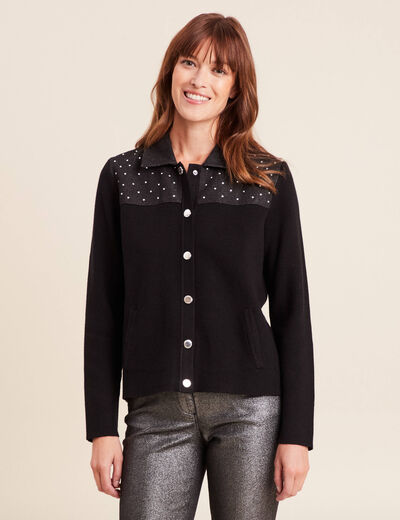 Gilet col rond manches longues strass noir femme
