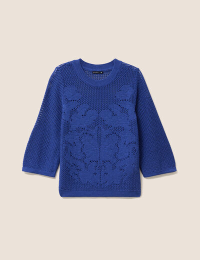 Pull ajour&eacute; col rond manches longues bleu fonc&eacute; femme