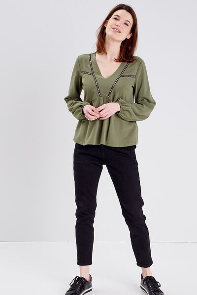 T-shirt manches longues vert kaki femme