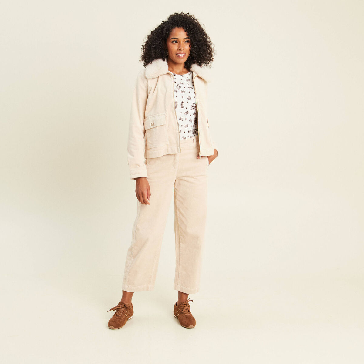 Blouson droit velours manches longues sable femme