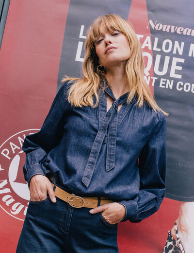 Blouse denim col &agrave; nouer denim brut femme