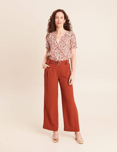 Pantalon large taille haute fluide marron fonc&eacute; femme