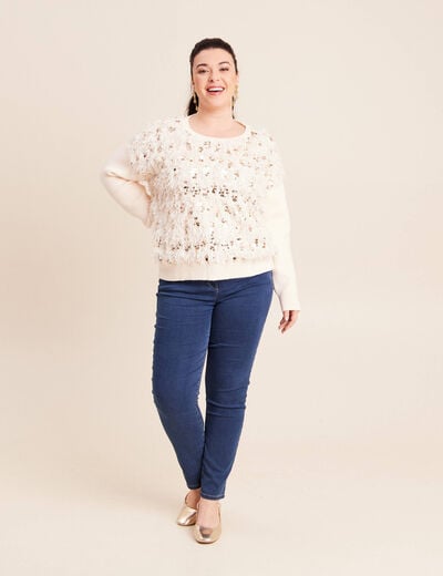 Pull col rond manches longues doubl&eacute; ecru femme
