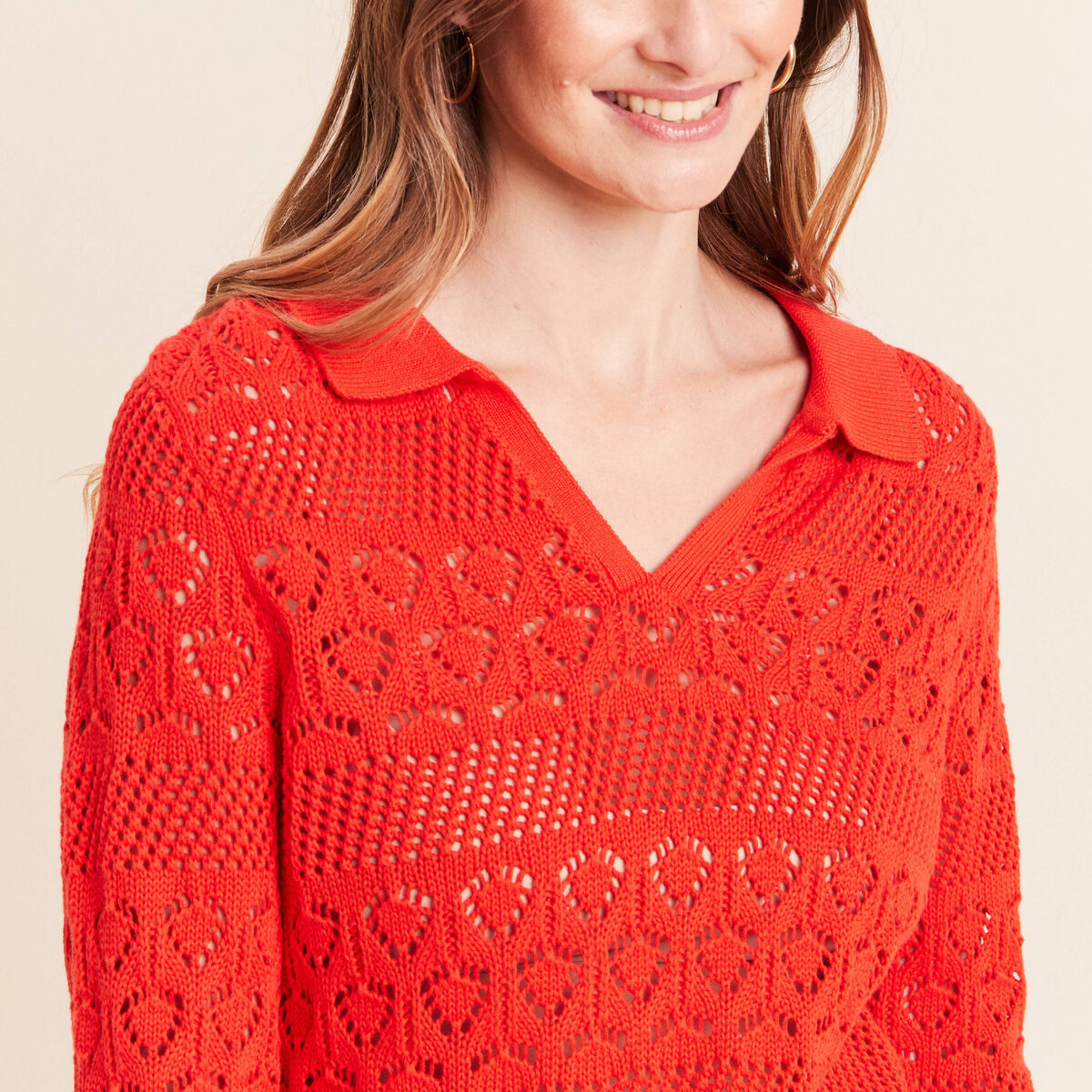 Polo d&eacute;tails ajour&eacute;s orange fonc&eacute; femme