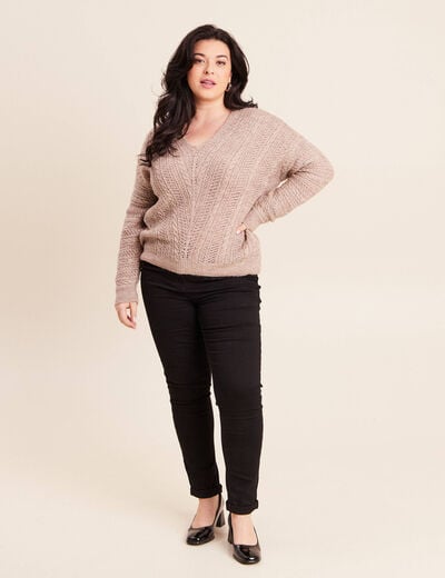 Pull col V manches longues taupe femme